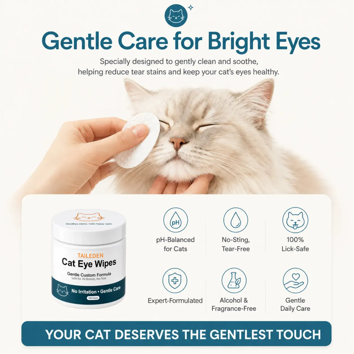 Gentle, No-Sting Cat Eye Wipes – Removes & Prevents Tear Stains