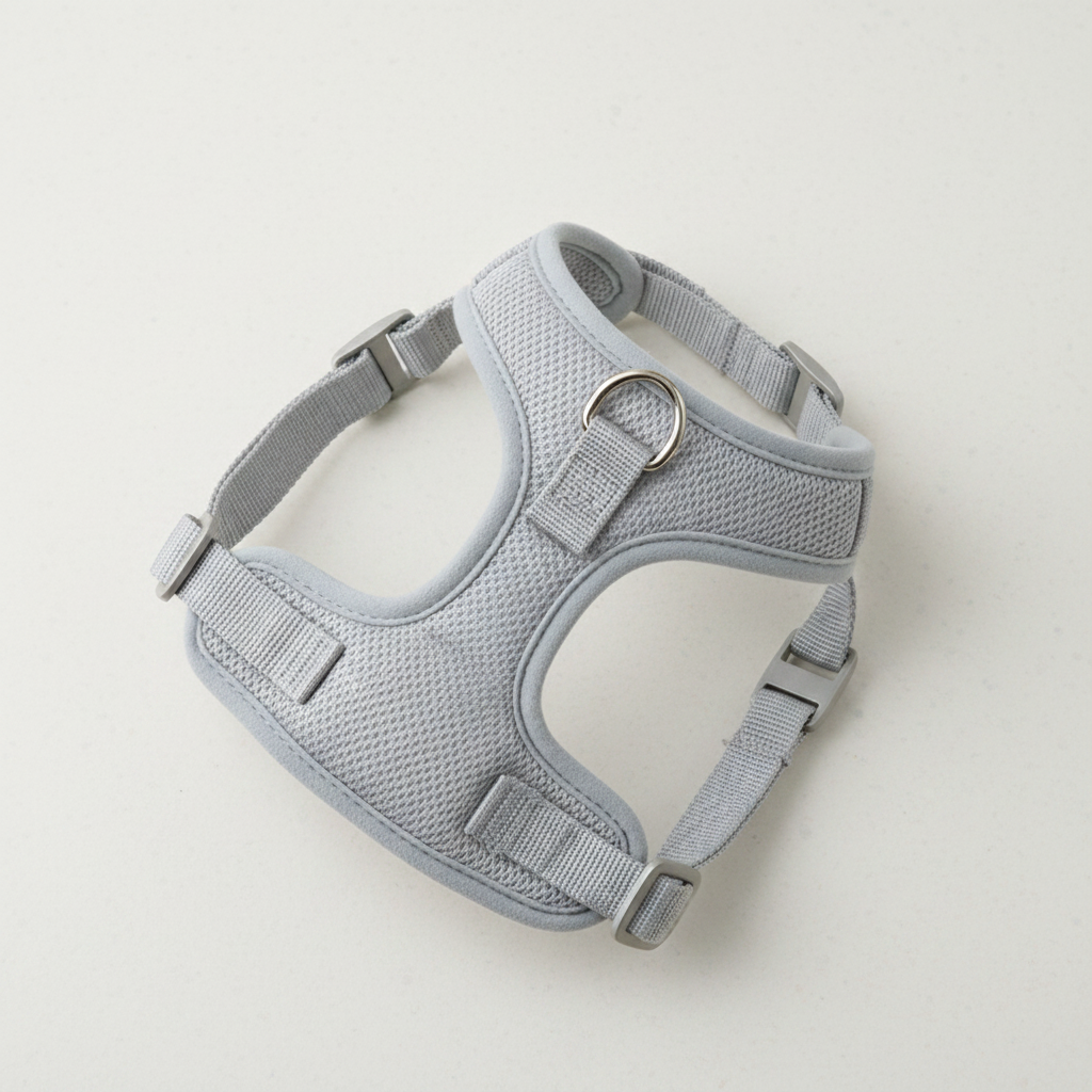 Close-up of cat harness chest panel, adjustable straps, D-ring and quick-release buckle