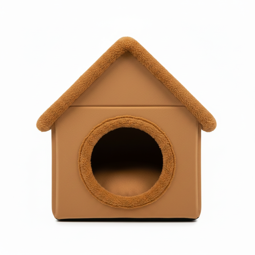 House-shaped plush pet cave bed in caramel brown with brown chenille trim