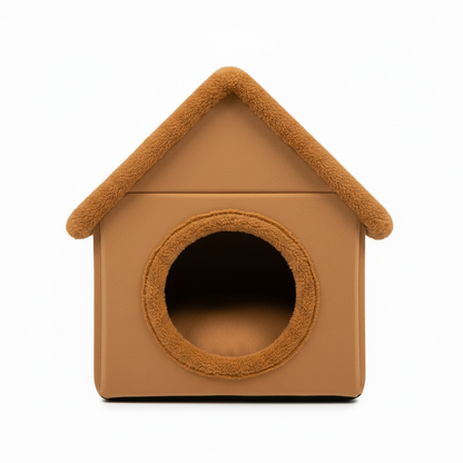 House-shaped plush pet cave bed in caramel brown with brown chenille trim