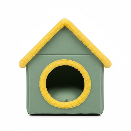 House-shaped plush pet cave bed in sage green with yellow chenille trim