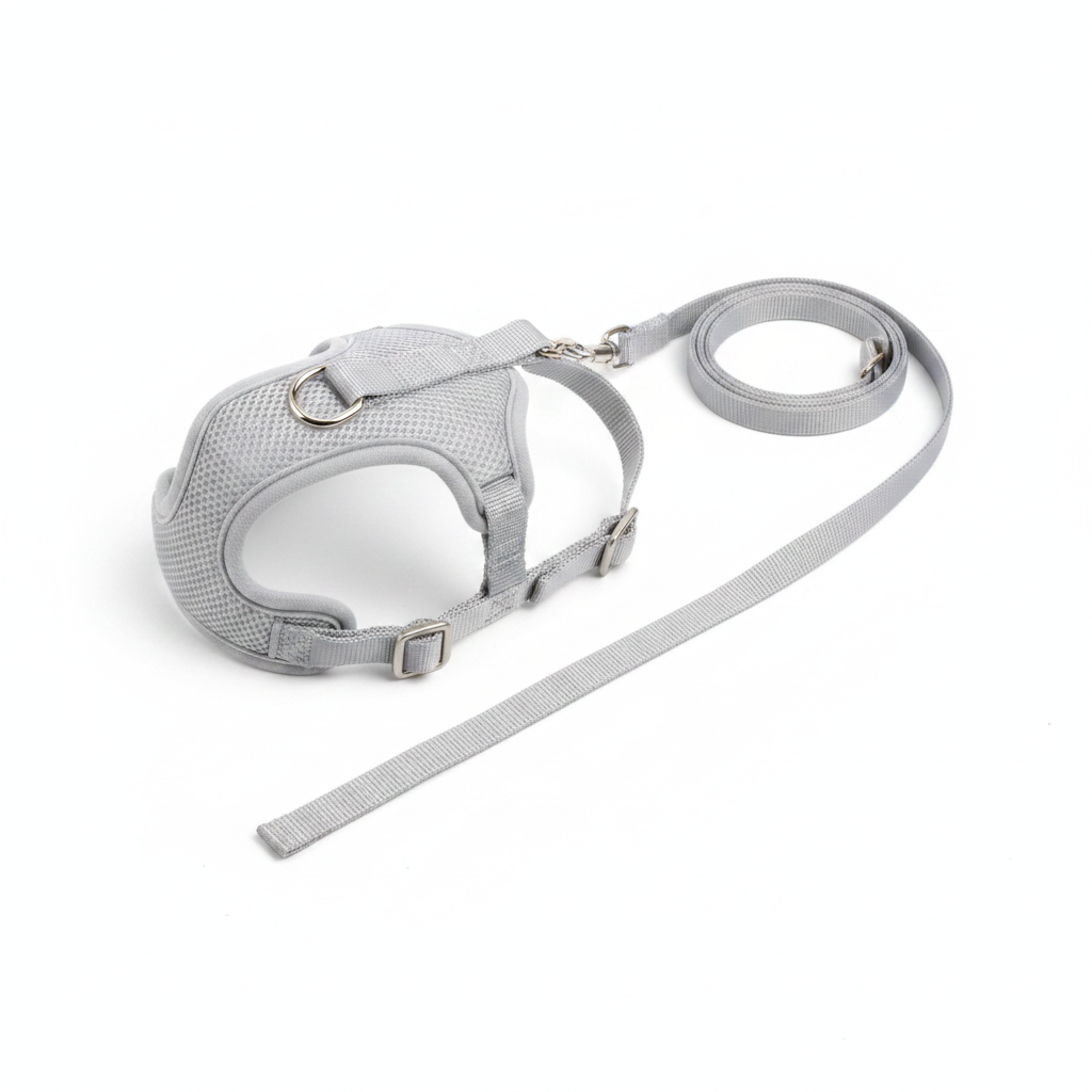 H-style soft mesh cat harness and leash set in light gray with silver hardware