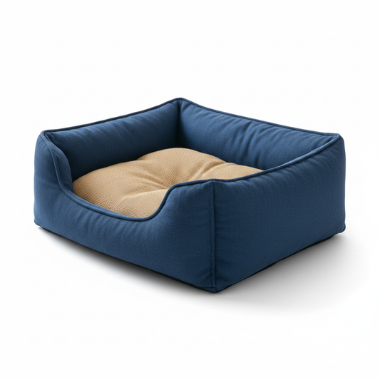 Square high-wall dog bed in navy blue oxford fabric with beige woven inner cushion