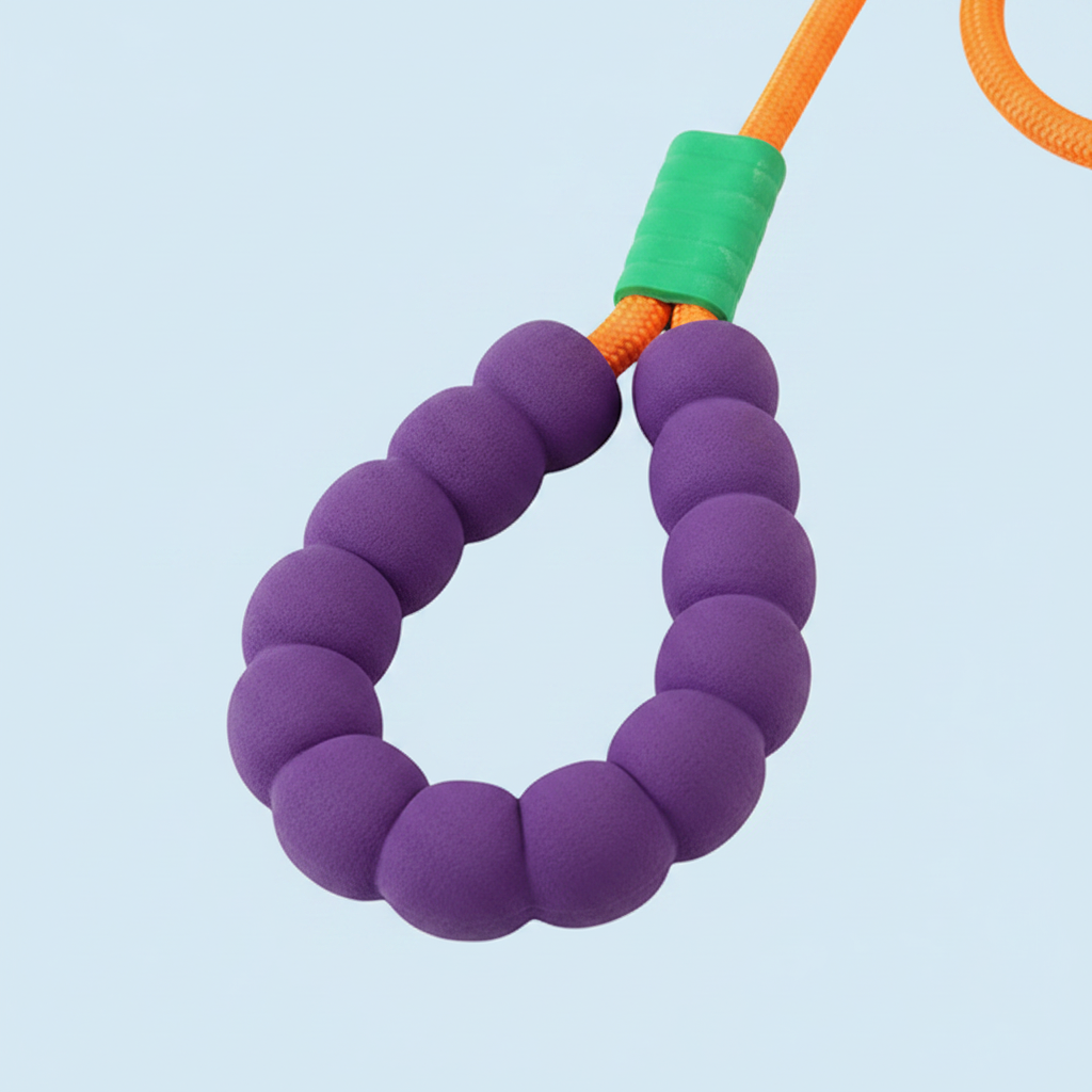 Close-up of foam bubble handle loop and silicone binding wrap on braided rope dog leash