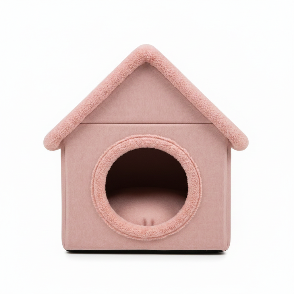 House-shaped plush pet cave bed in dusty pink with pink chenille trim