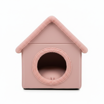House-shaped plush pet cave bed in dusty pink with pink chenille trim