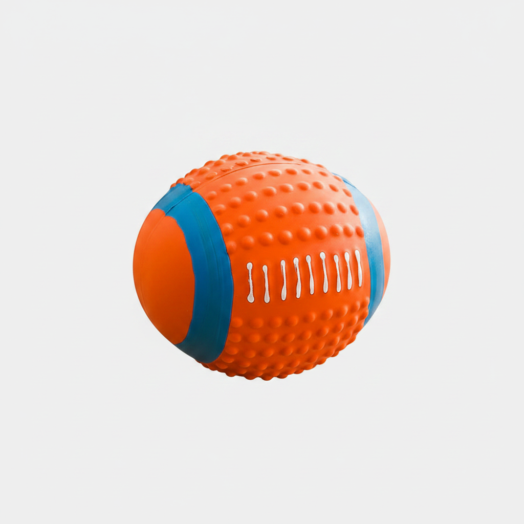 Side angle view of orange rugby ball rubber dog toy showing oval profile and stripe detail