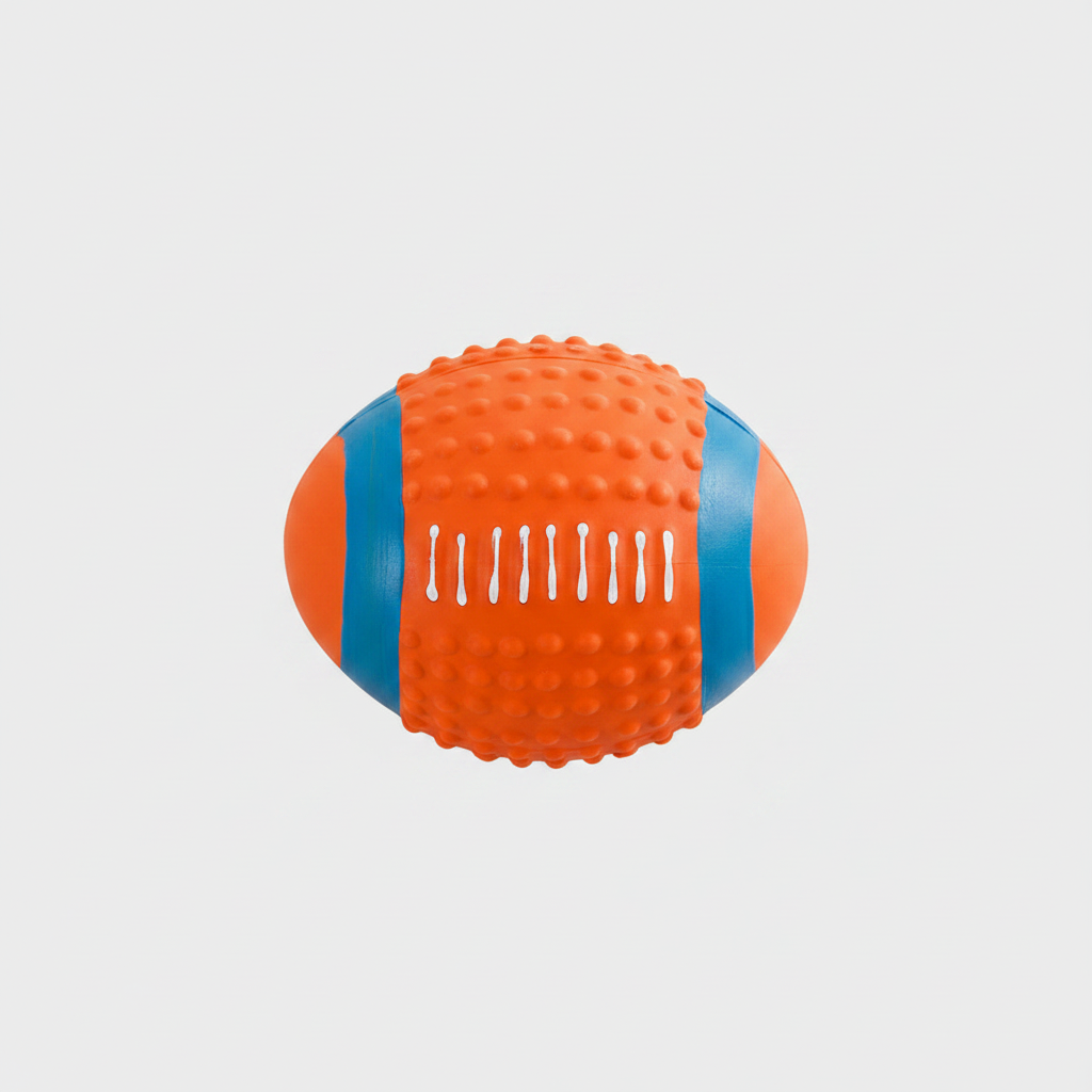 Top-down view of rugby ball rubber dog toy showing oval shape and bumpy surface texture