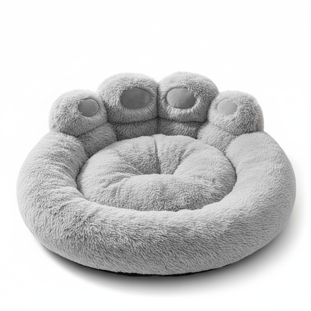 Bear paw shaped round plush dog bed in light gray shaggy fabric