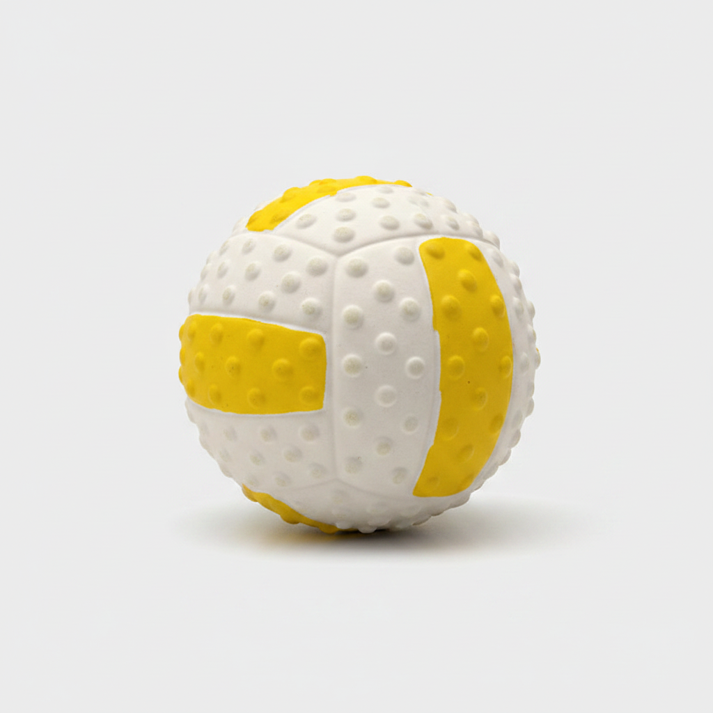Squeaky rubber dog toy volleyball in white and yellow with raised dot texture