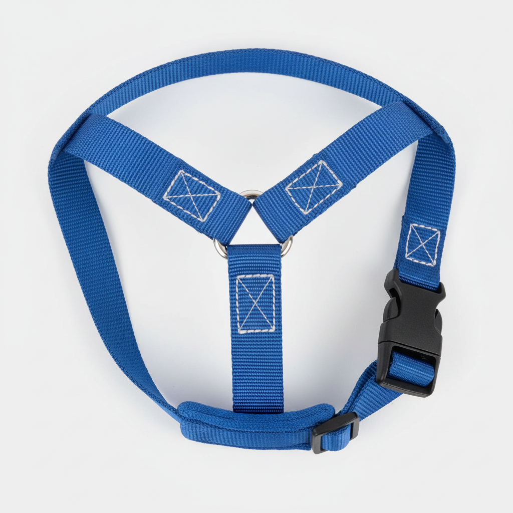 Close-up of Y-shape dog harness showing D-ring, strap stitching and quick-release buckle