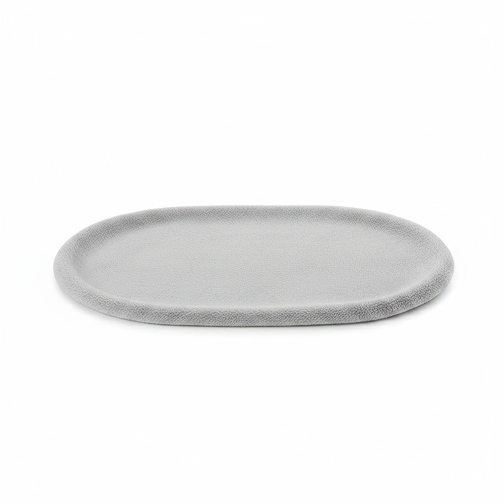 Oval flat pet sleeping mat in light gray short plush fleece