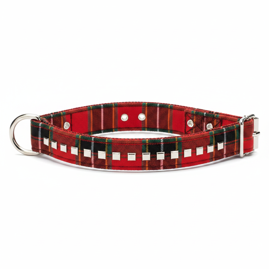 Plaid tartan dog collar in red with silver square studs and D-ring