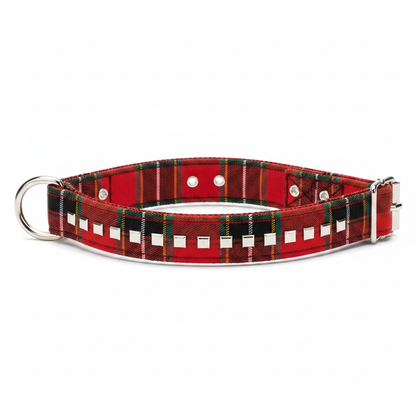 Plaid tartan dog collar in red with silver square studs and D-ring