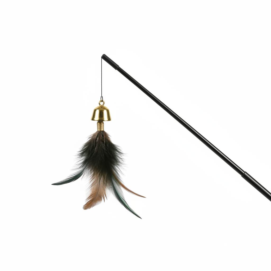 Cat teaser wand with black rod, gold bell and black green natural feather tassel