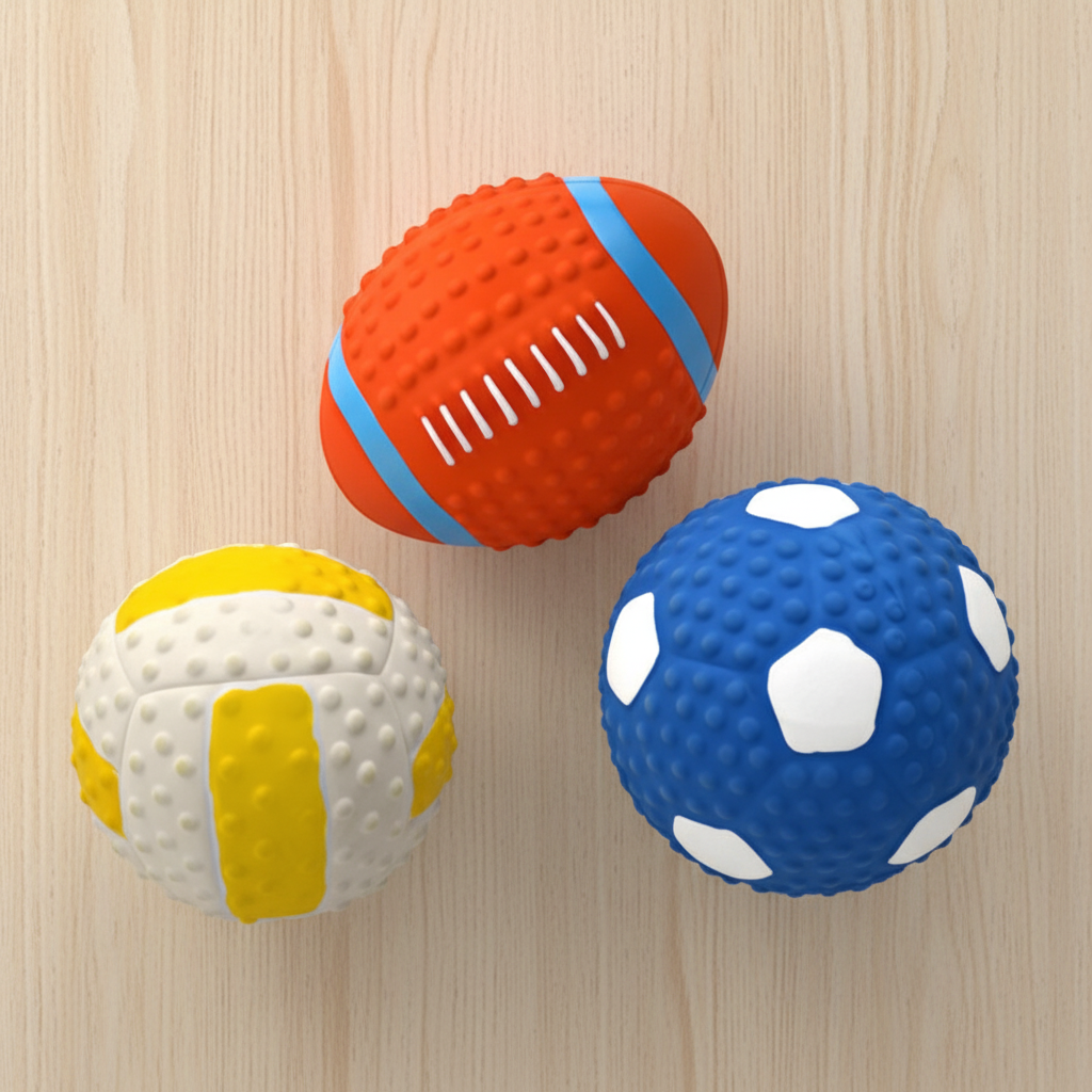 Top-down flat lay of three rubber dog toy balls: rugby, volleyball, and soccer ball