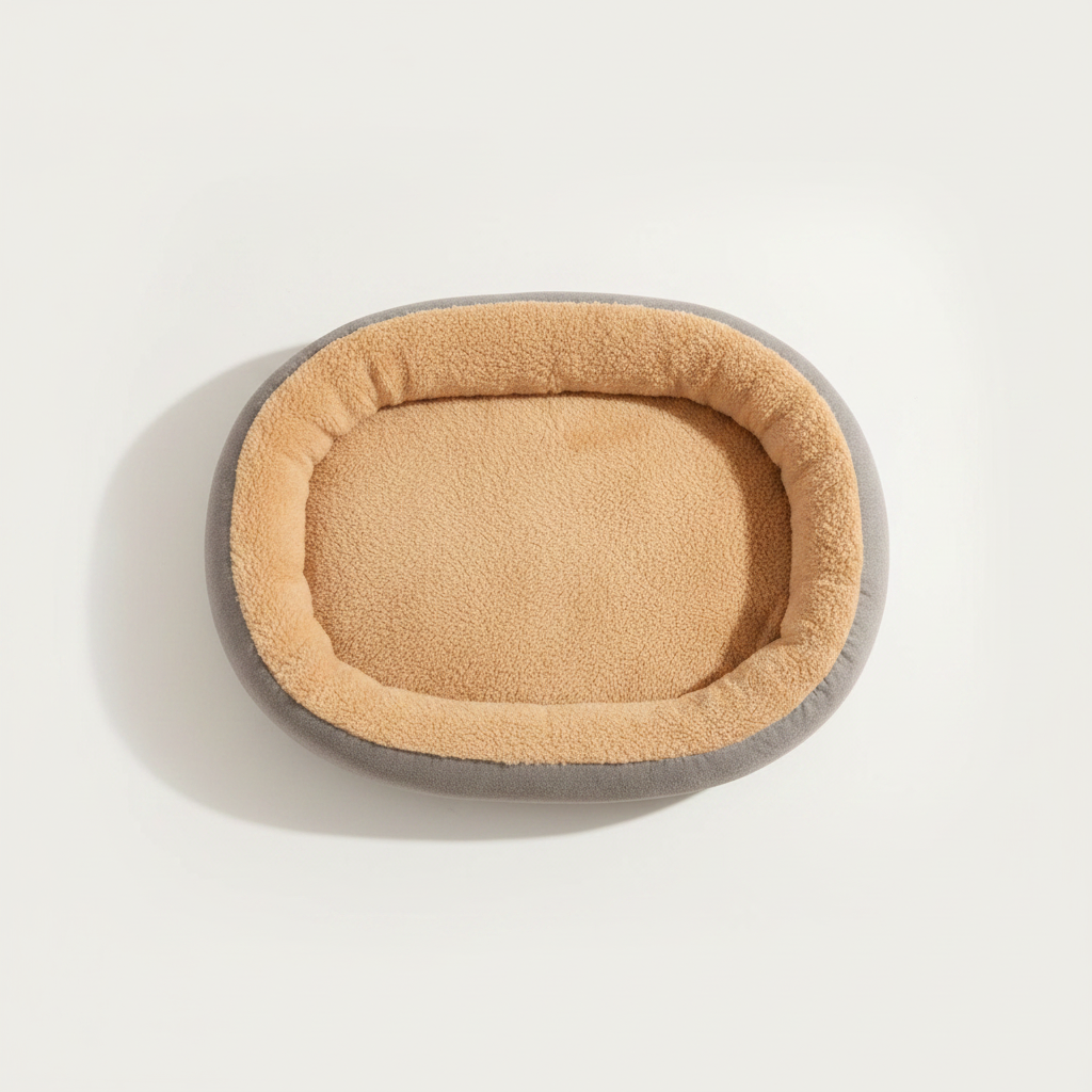 Top-down view of oval pet bed showing full sherpa fleece interior sleeping surface