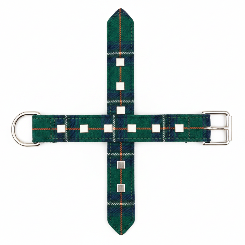 Plaid tartan dog collar in forest green with silver square studs and D-ring