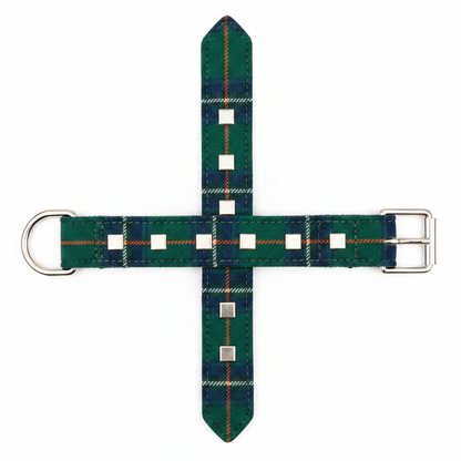 Plaid tartan dog collar in forest green with silver square studs and D-ring