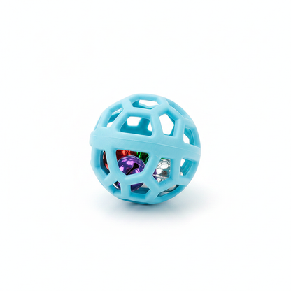 Hollow lattice rubber pet toy ball in sky blue with jingle bell insert