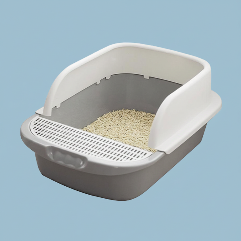 Open-top cat litter box in warm gray with white rim and front sifting grid