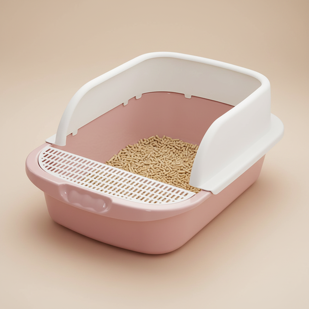 Open-top cat litter box in dusty pink with white rim and front sifting grid
